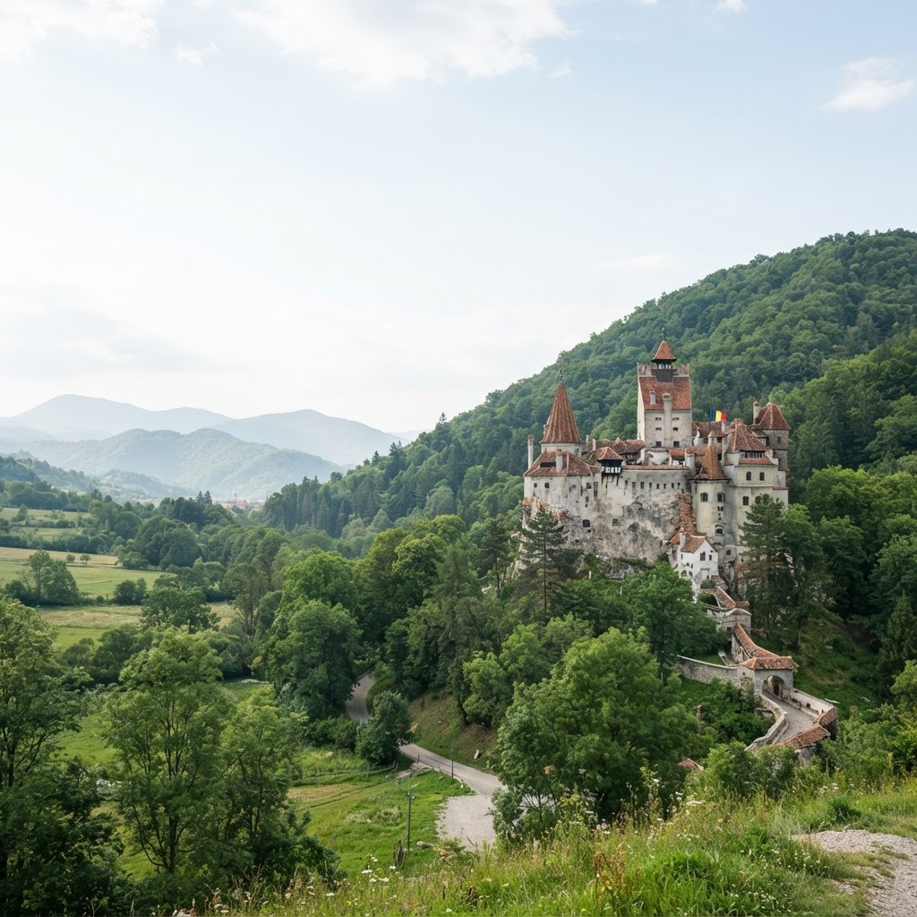 Bran Castle nestled in the green Carpathian mountains of Romania